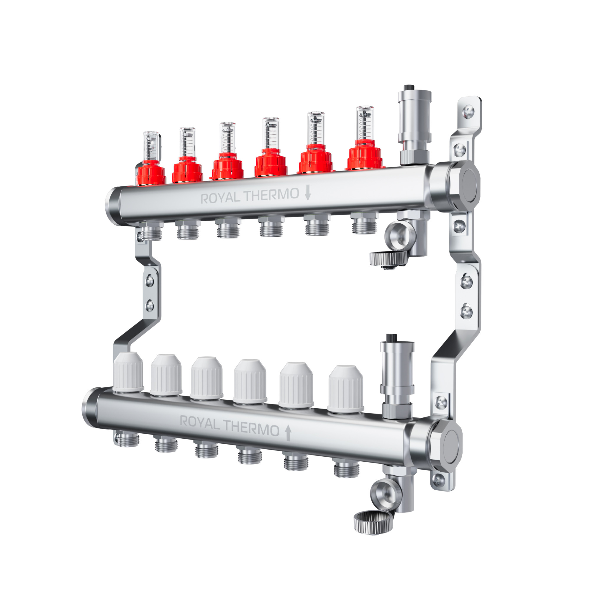 Коллектор Royal Thermo нерж. в сборе с расходомерами 1″ ВР-3/4″ НР с автомат.воздухоотвод-ми 12 вых.